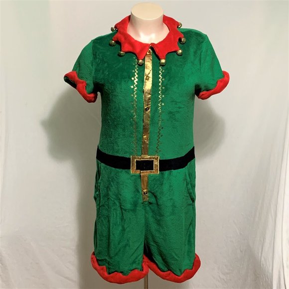Ugly Christmas Romper Elf Jingle Bell Collar Pockets Green Red Mens Womens XL - Picture 1 of 4